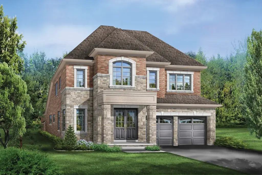 A two-story brick and stone house with large windows and a double garage, set against a backdrop of lush trees and a clear blue sky. The front yard features green grass and a well-maintained garden.