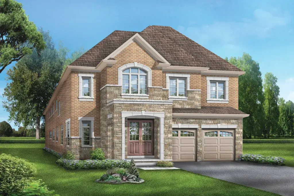 Illustration of a two-story brick house with a stone facade, two-car garage, and a gabled roof. The house is surrounded by neatly manicured lawns and small shrubs, set against a background of trees and a blue sky.