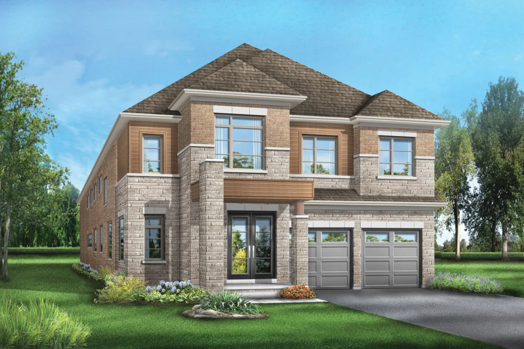 A two-story modern house with beige brick and stone exterior, large windows, and a gray shingle roof. It features a double garage and a landscaped front yard with green grass, small shrubs, and trees under a clear blue sky.