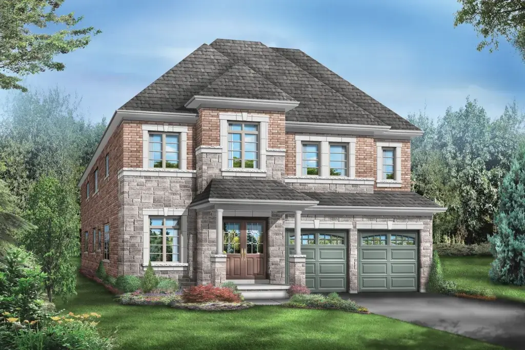 Illustration of a two-story house with brick and stone exterior, a gray roof, and two green garage doors. The front yard is landscaped with shrubs and flowers, surrounded by tall trees and a blue sky background.