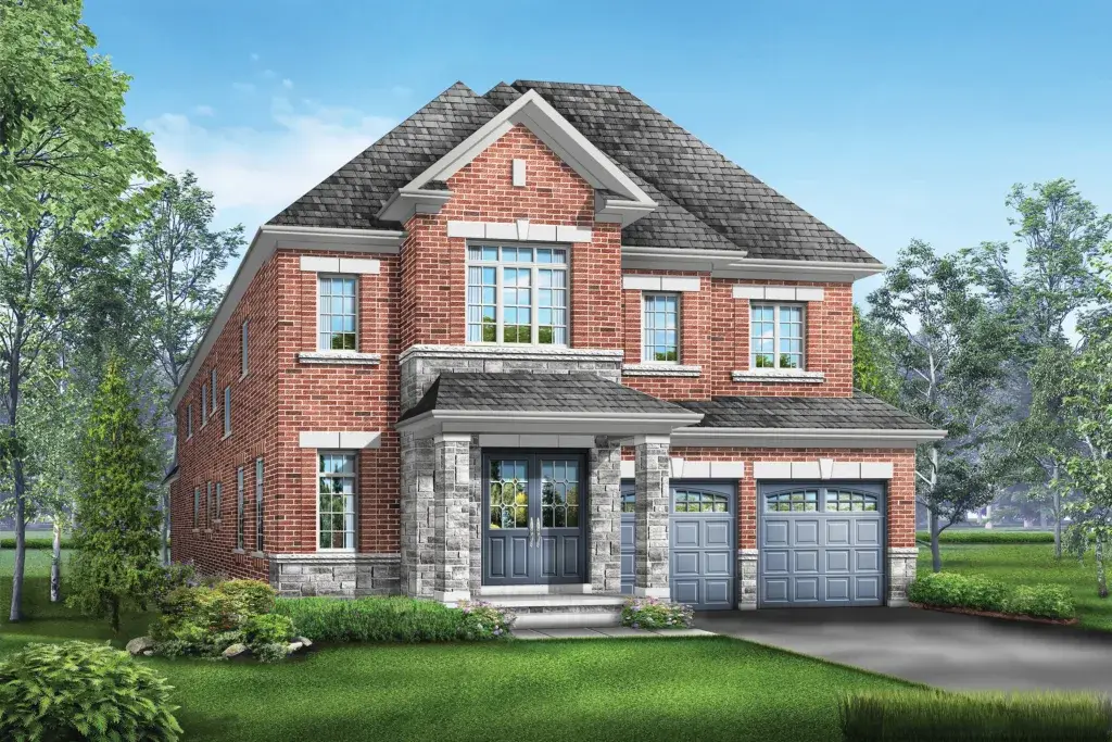 A two-story house with red brick and stone facade, featuring large windows, a gray shingled roof, and a double garage. The home is surrounded by lush green lawns and trees under a clear blue sky.