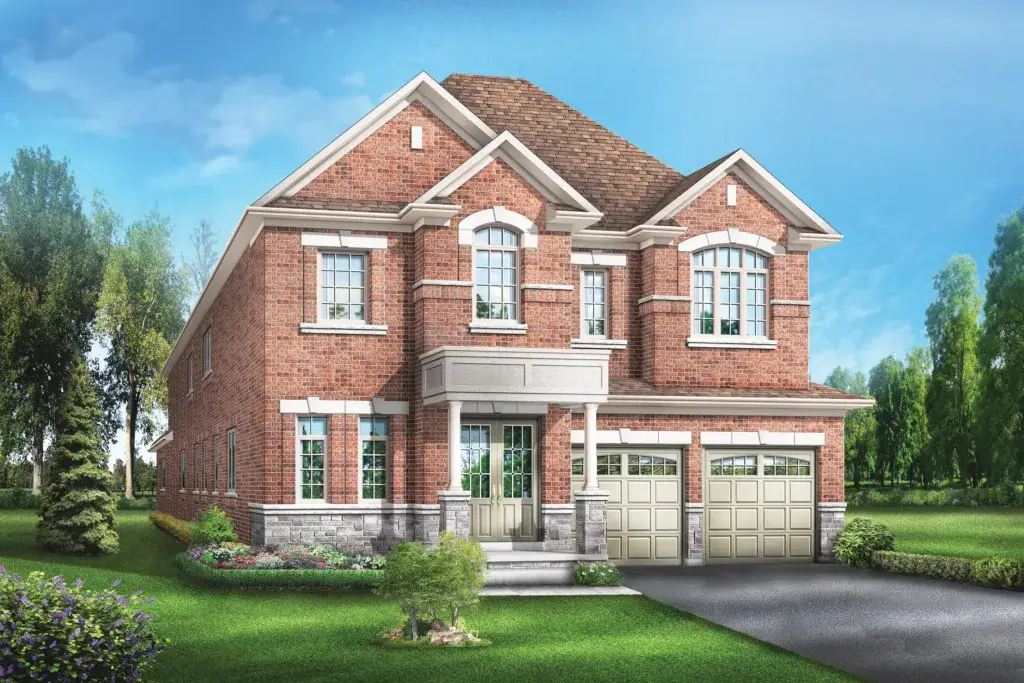 A two-story brick house with arched windows, a gabled roof, a double garage, and a well-maintained front yard surrounded by lush greenery under a clear blue sky.