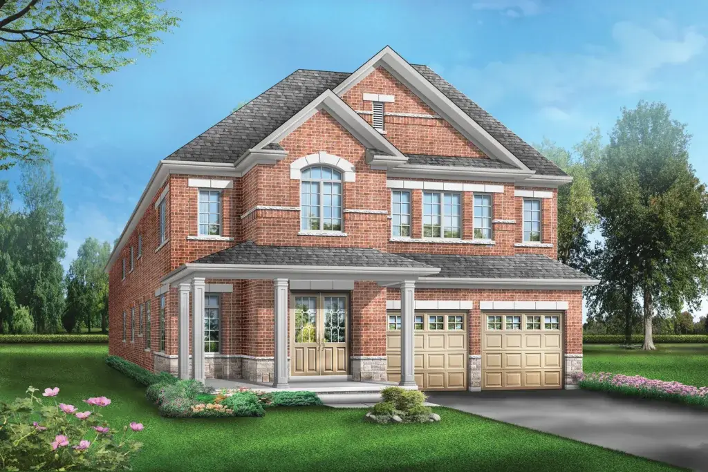 Illustration of a two-story brick house with large windows, twin garage doors, and a front porch. The house is surrounded by a manicured lawn with shrubs and colorful flowers, set against a backdrop of tall trees and a blue sky.