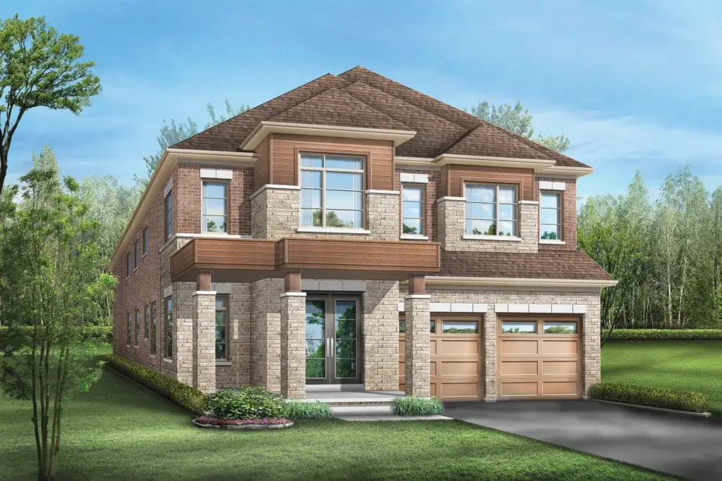 A two-story brick and wood house with a double garage, set in a lush green yard with trees. Large windows are on both floors, and theres a small garden in front. The sky is clear and blue.