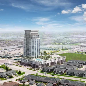 Aerial view of the Rise & Rose Condos | Luxury Suites by Greenpark Group, a modern high-rise featuring sleek glass windows. The building is encircled by a parking lot, smaller structures, and vibrant green spaces. A rooftop pool glistens under the cloudy blue sky in the background.