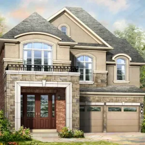 A two-story home in Simcoe Woods, where urban convenience meets natural beauty, features a stone facade, arched windows, and a double garage. The entrance is adorned with elegant wooden double doors. Surrounded by lush greenery and under a partly cloudy sky, this residence exudes charm and tranquility.